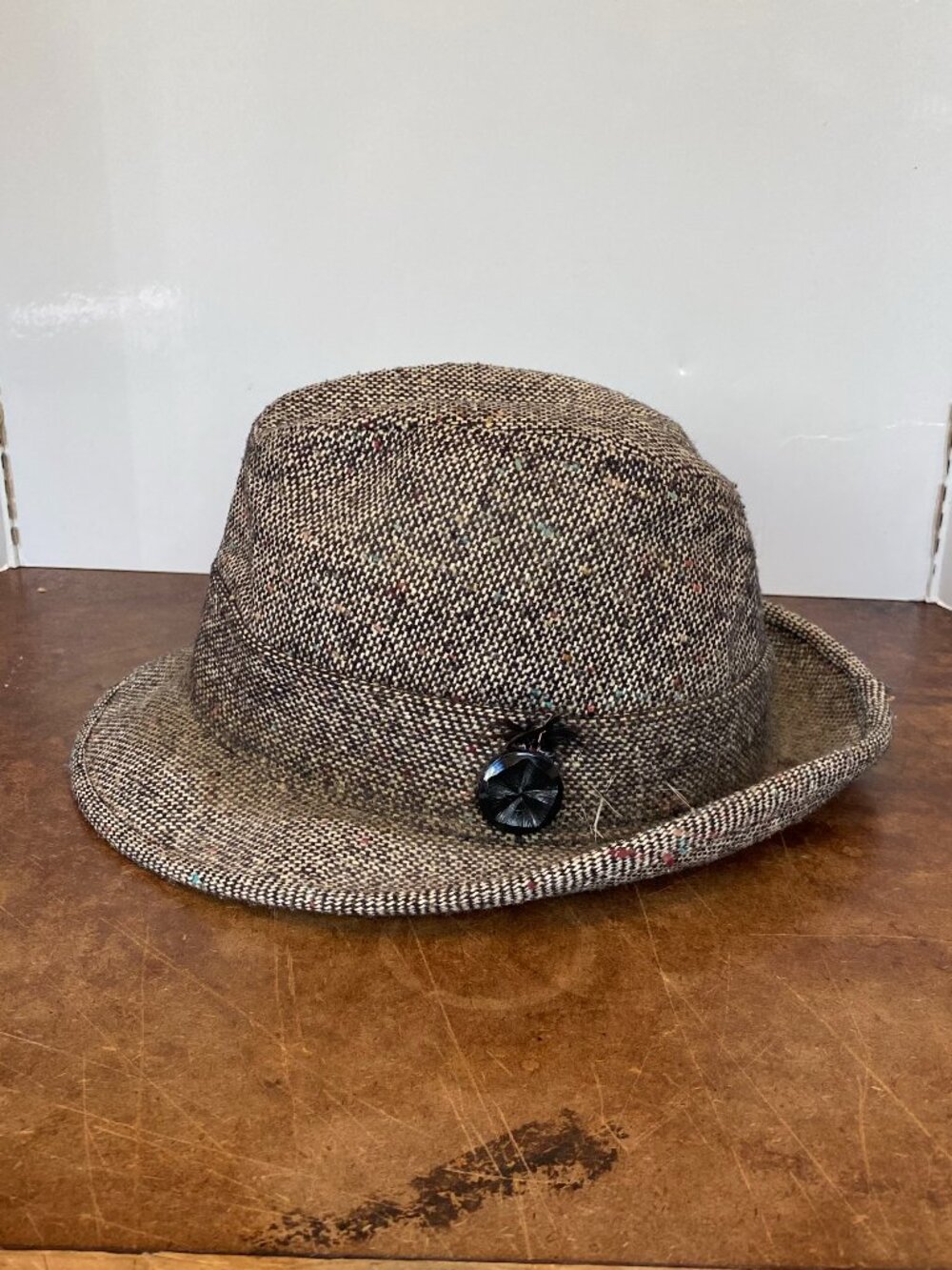 1980s Dorfman Pacific Black White Tan Tweed Trilby Fedora Hat Vintage
